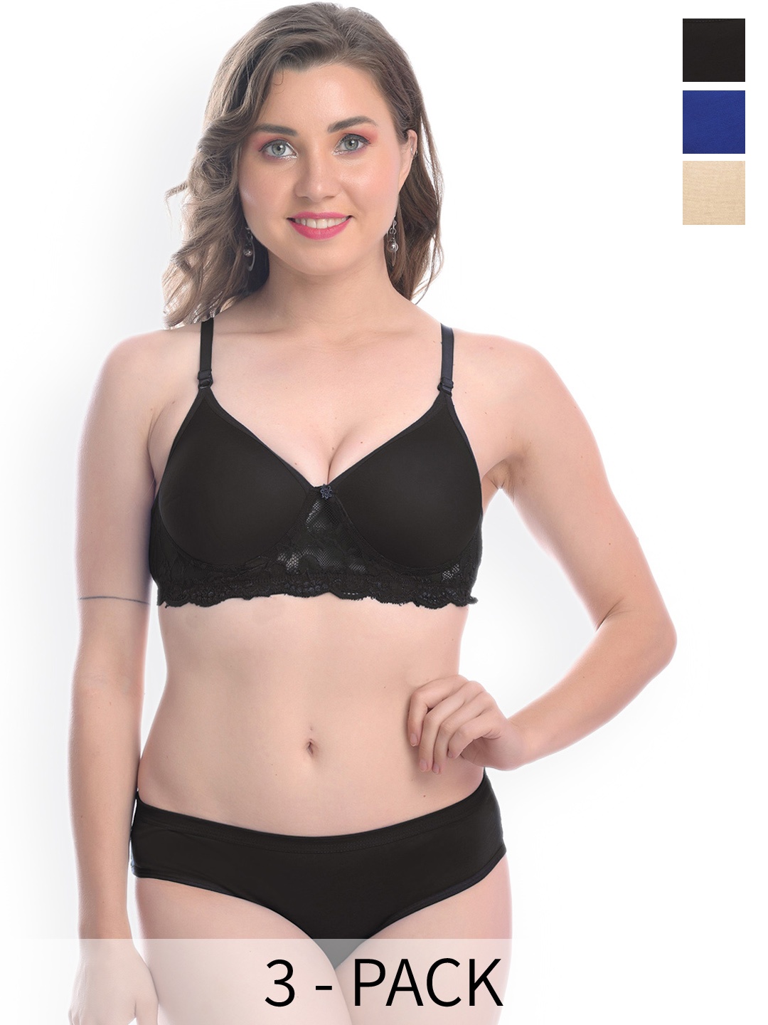 

AROUSY Pack Of 3 Lightly Padded Lace Cotton Lingerie Sets, Blue