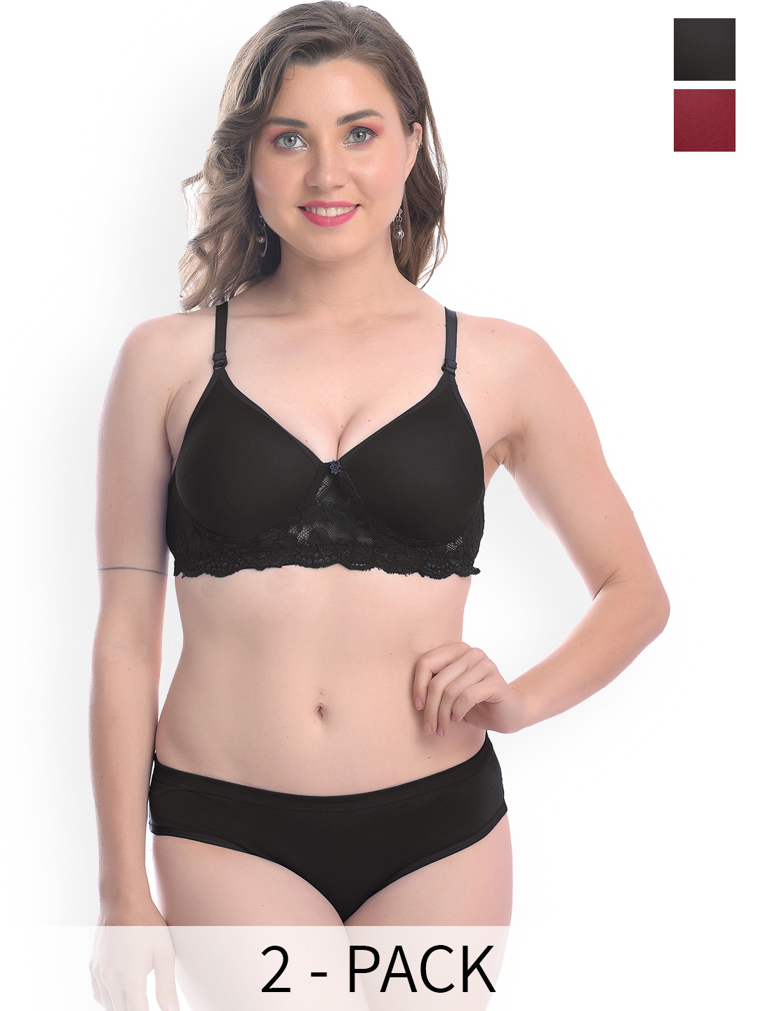 

AROUSY Pack Of 2 Self-Designed Lace Lingerie Set A_PDCL Set_Bl,M, Black