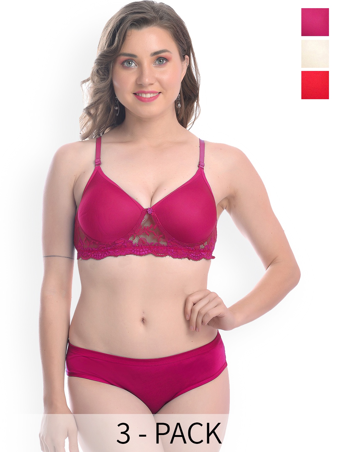 AROUSY Pack Of 3 Lace Lightly Padded Cotton Lingerie Sets, Red