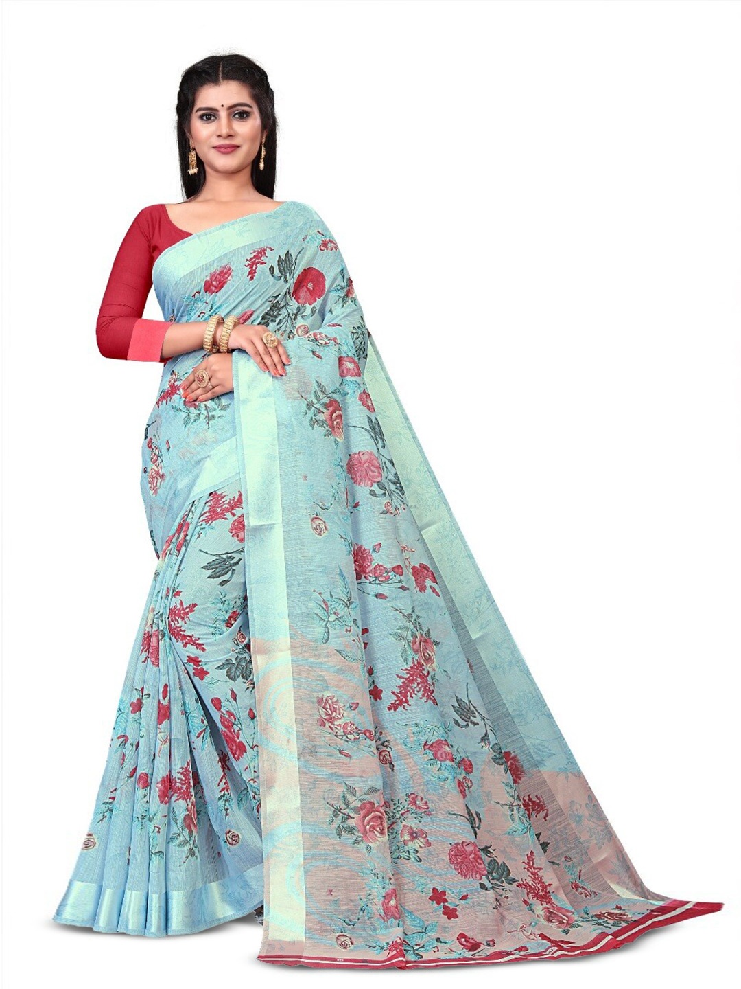 

RUNAYA NX Floral Printed Zari Silk Cotton Mysore Silk Saree, Blue