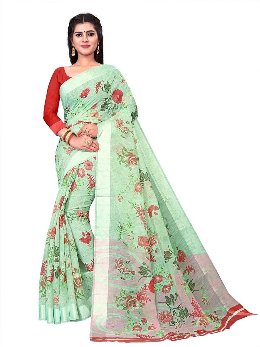 

RUNAYA NX Floral Printed Zari Silk Cotton Saree, Green