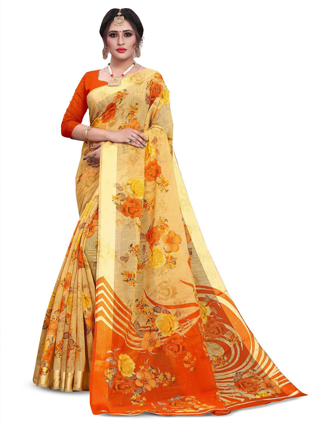

RUNAYA NX Floral Printed Zari Silk Cotton Saree, Orange