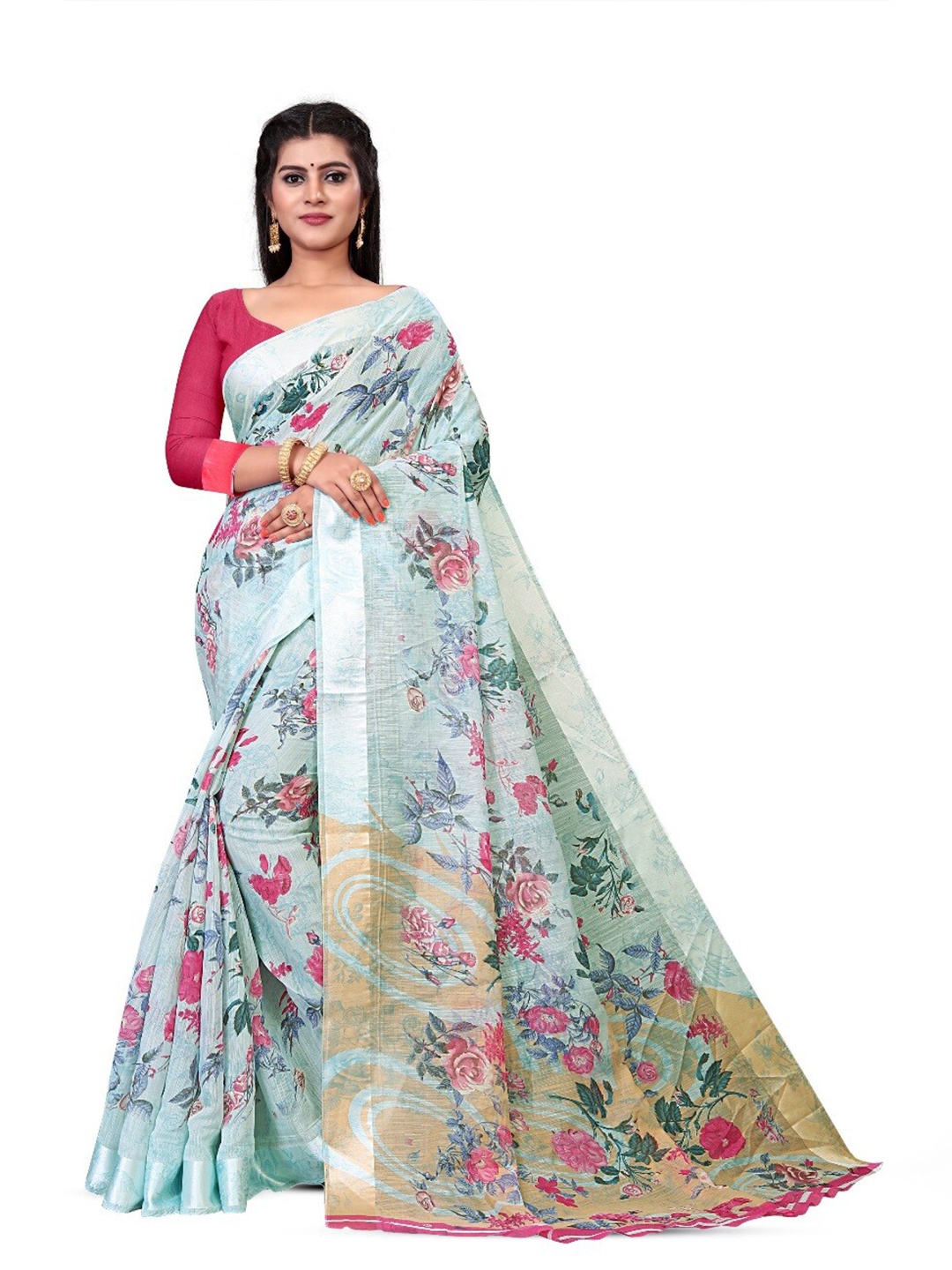 

RUNAYA NX Floral Printed Zari Silk Cotton Saree, Blue