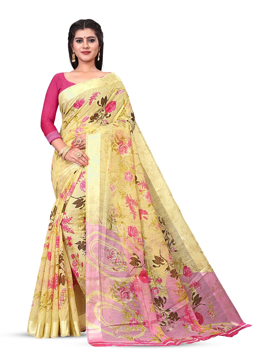 

RUNAYA NX Floral Printed Silk Cotton Saree, Yellow