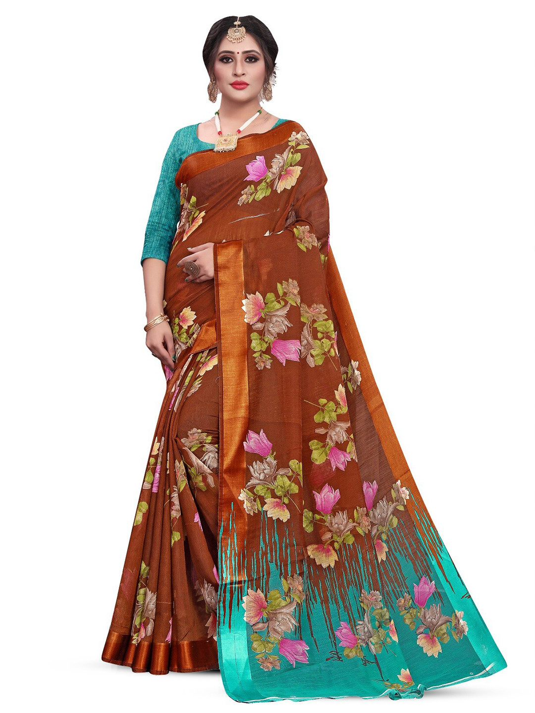 

RUNAYA NX Floral Printed Zari Silk Cotton Saree, Brown