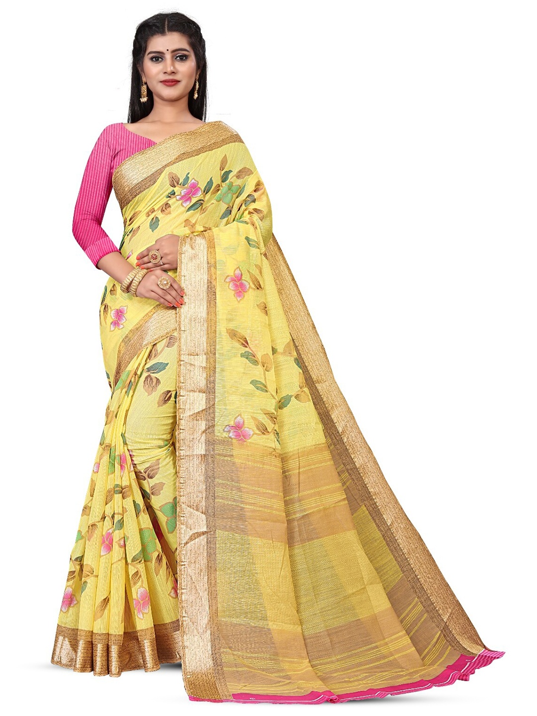 

RUNAYA NX Floral Printed Zari Silk Cotton Saree, Yellow