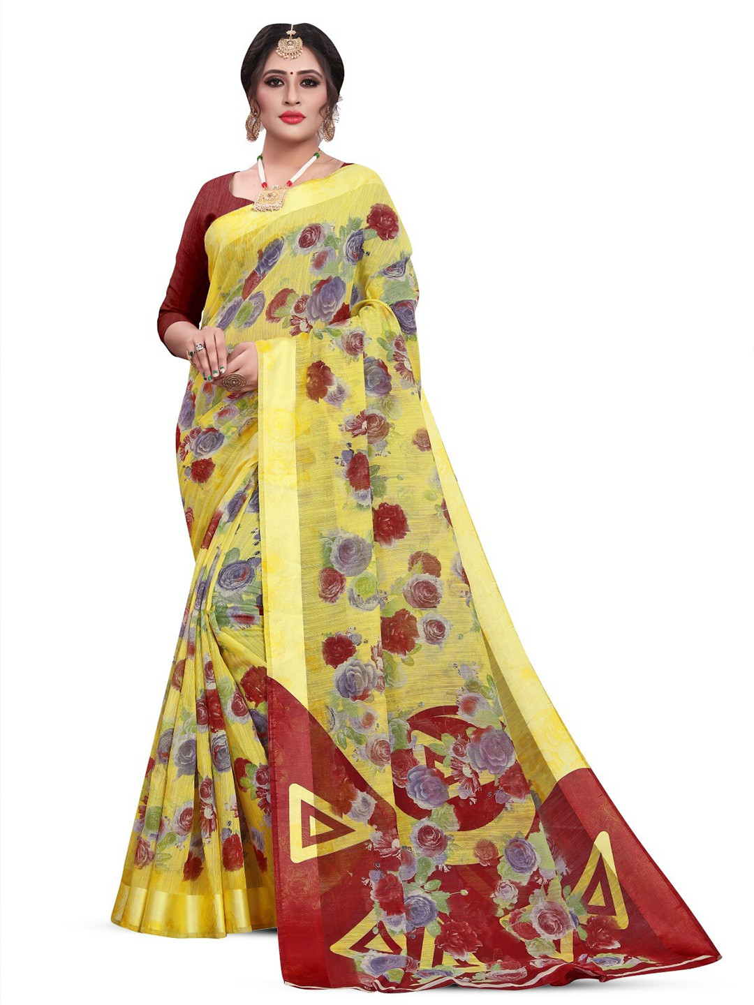

RUNAYA NX Floral Printed Zari Silk Cotton Saree, Yellow