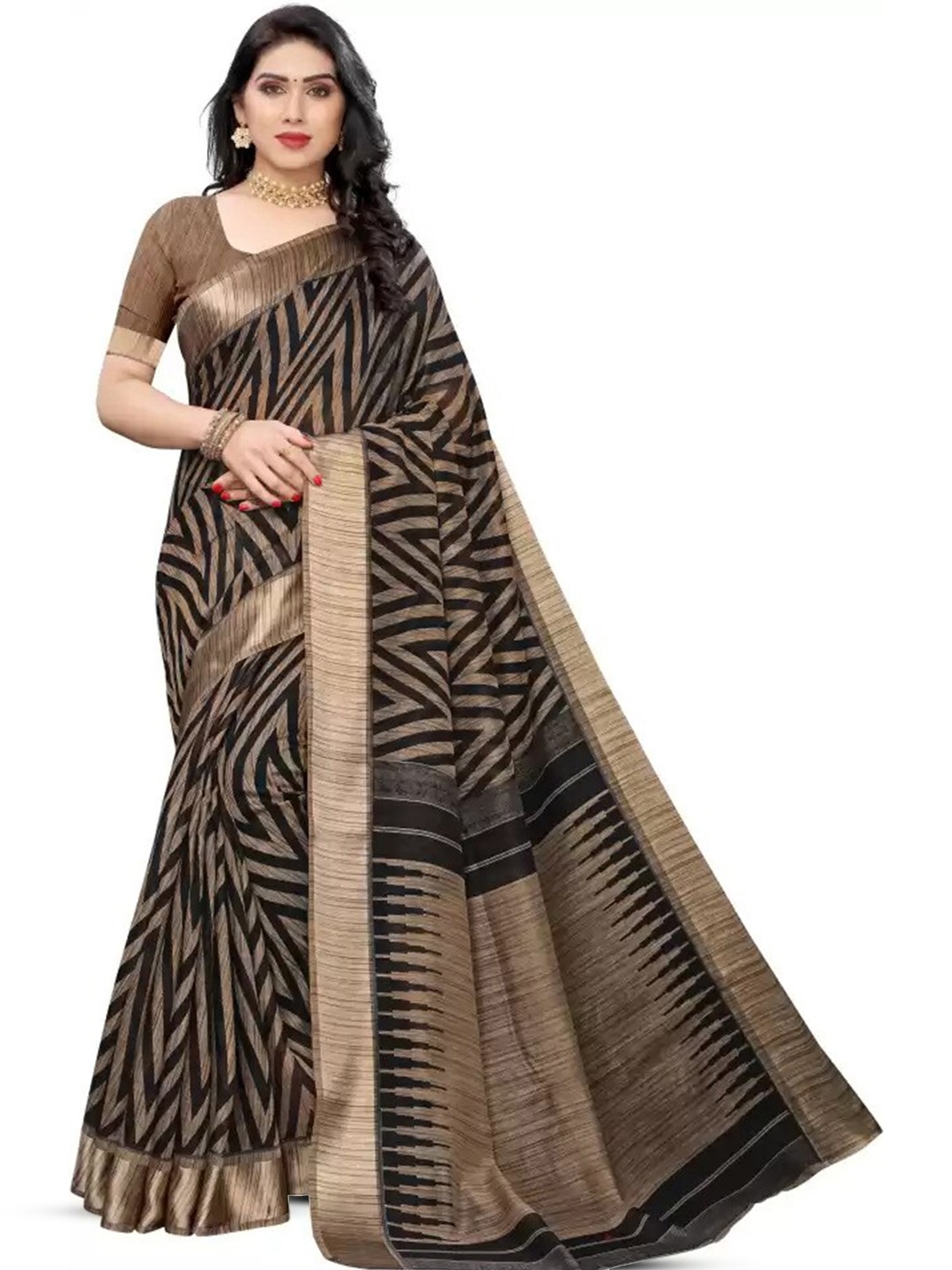 

RUNAYA NX Geometric Printed Silk Cotton Saree, Black