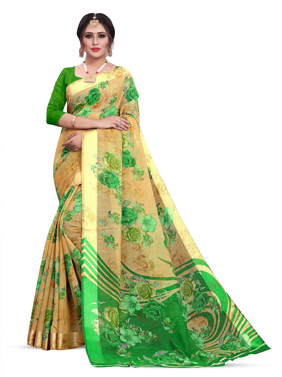 

RUNAYA NX Floral Printed Silk Cotton Saree, Green
