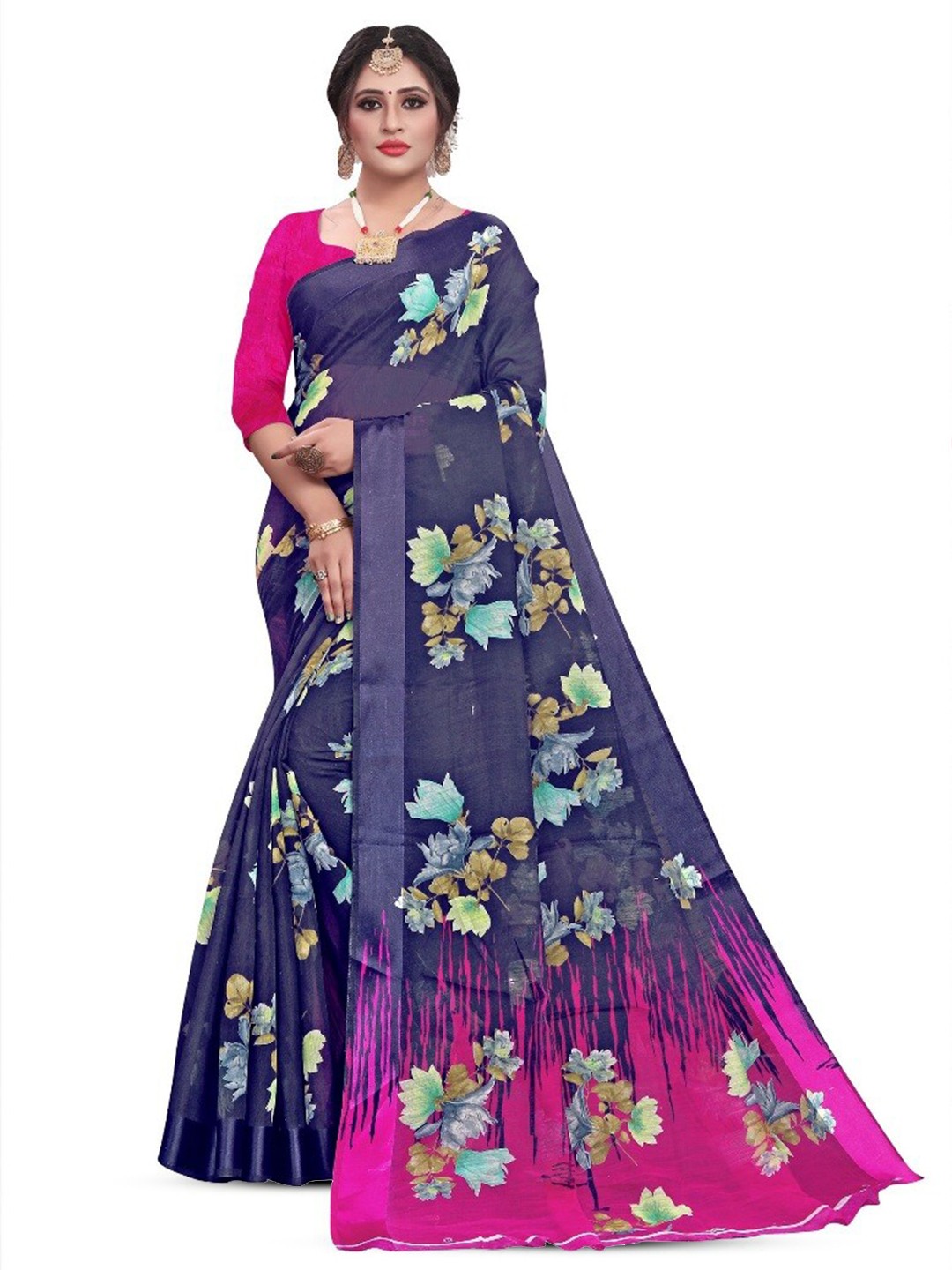 

RUNAYA NX Floral Printed Silk Cotton Saree, Blue