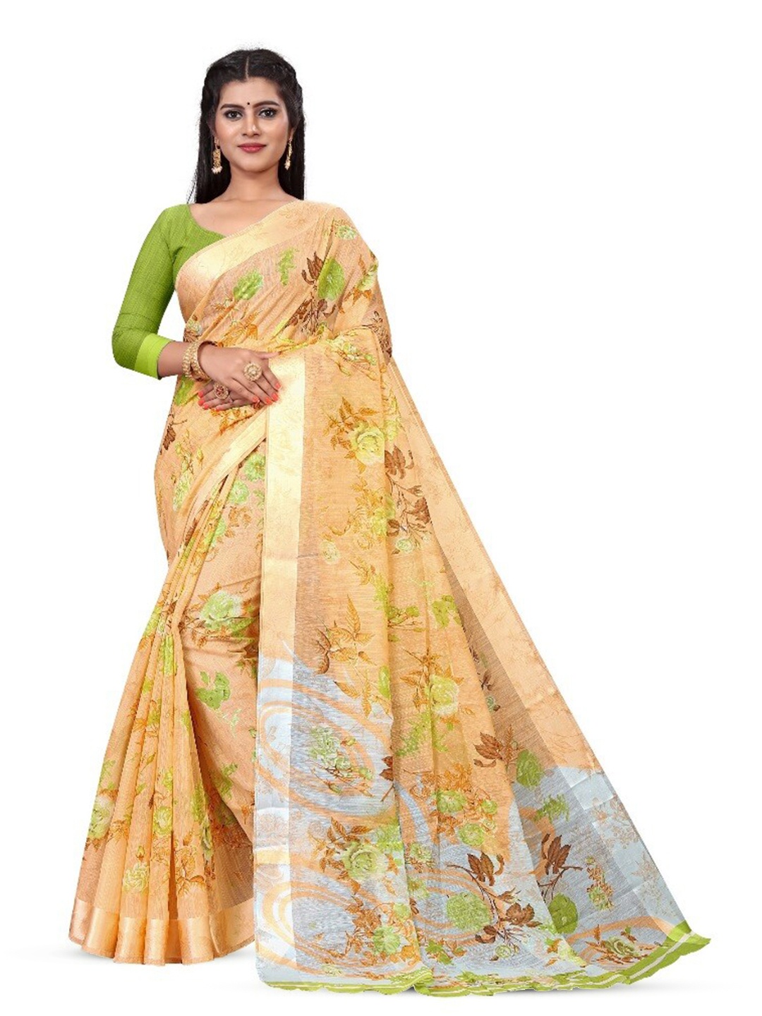 

RUNAYA NX Floral Printed Zari Silk Cotton Mysore Silk Saree, Fluorescent green