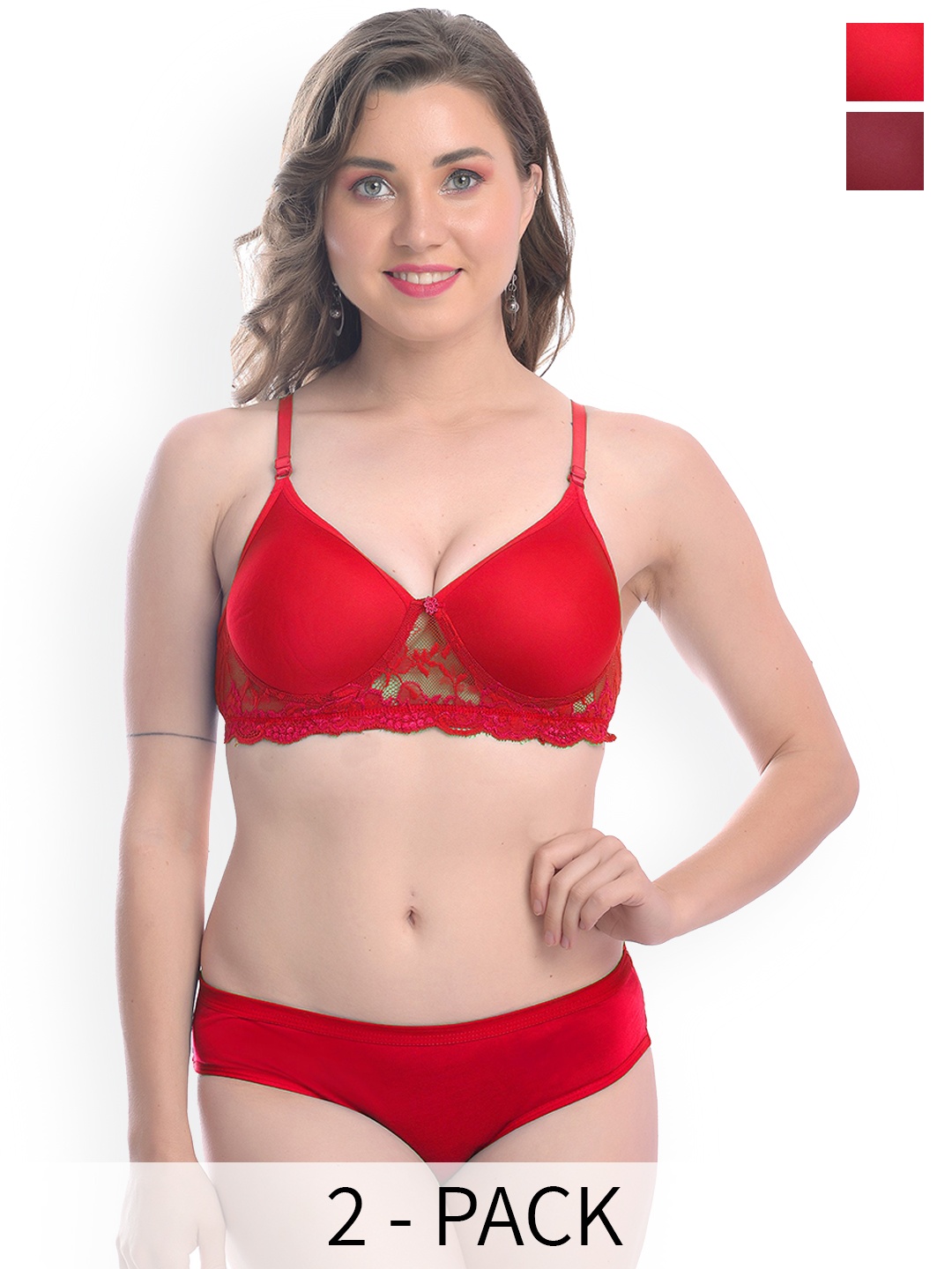 Aamarsh Pack Of 2 Self Design Cotton Lingerie Set, Red