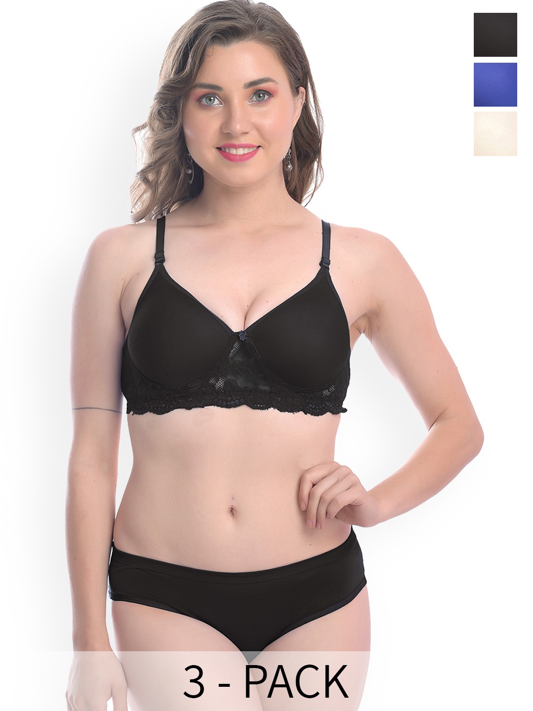 

Aamarsh Pack Of 3 Lace Self Design Cotton Lingerie Set- AD_PDCL Set_Bl,B,Br, Black