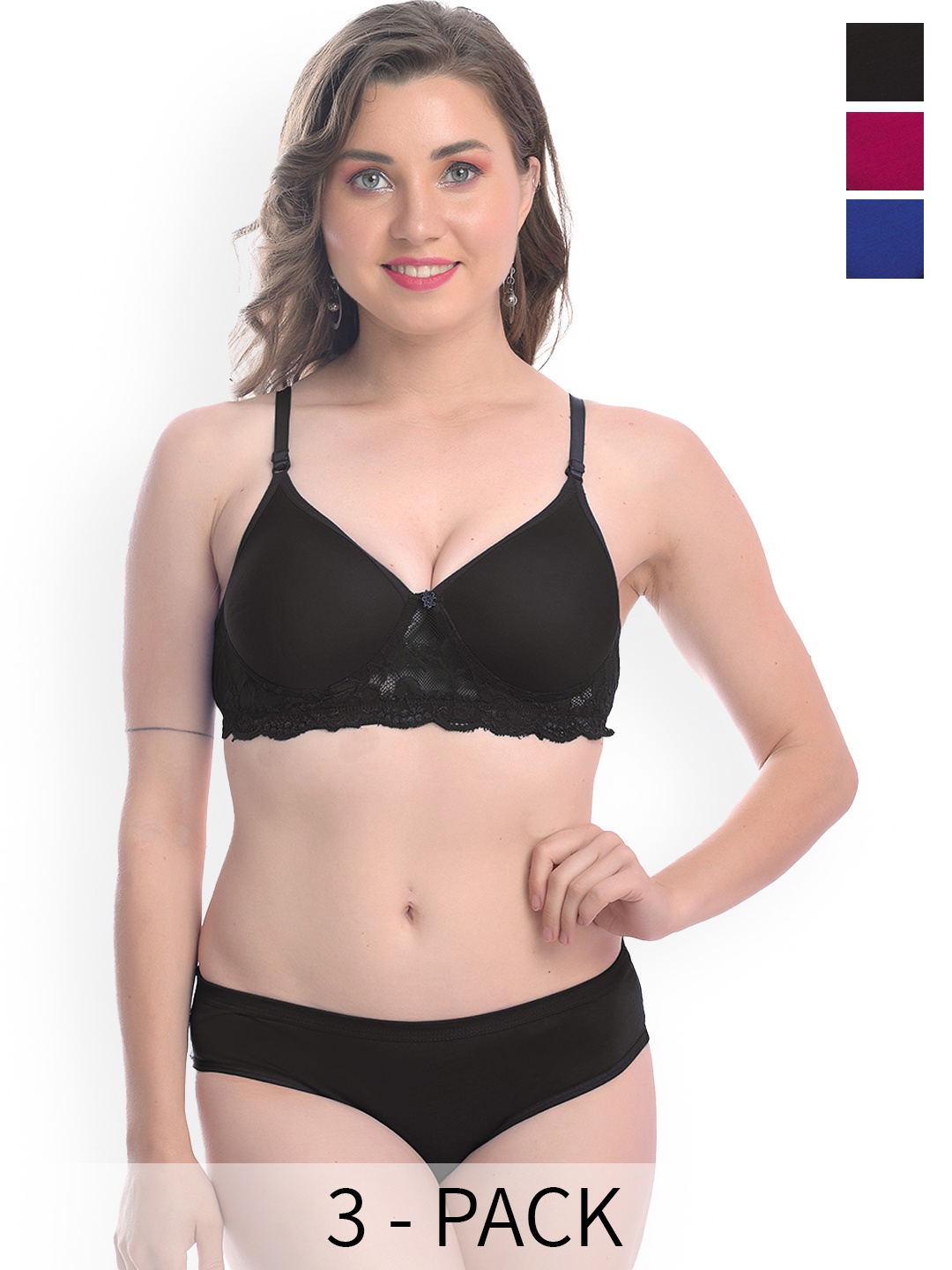 

Aamarsh Pack Of 3 Self Design Cotton Lingerie Set, Black