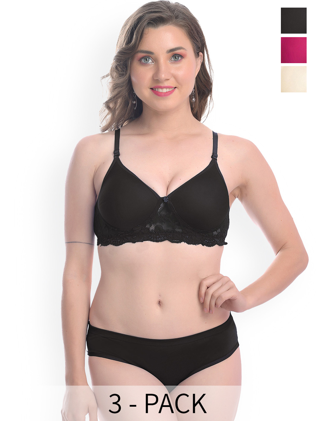 

Aamarsh Pack Of 3 Self Design Cotton Lingerie Set, Black