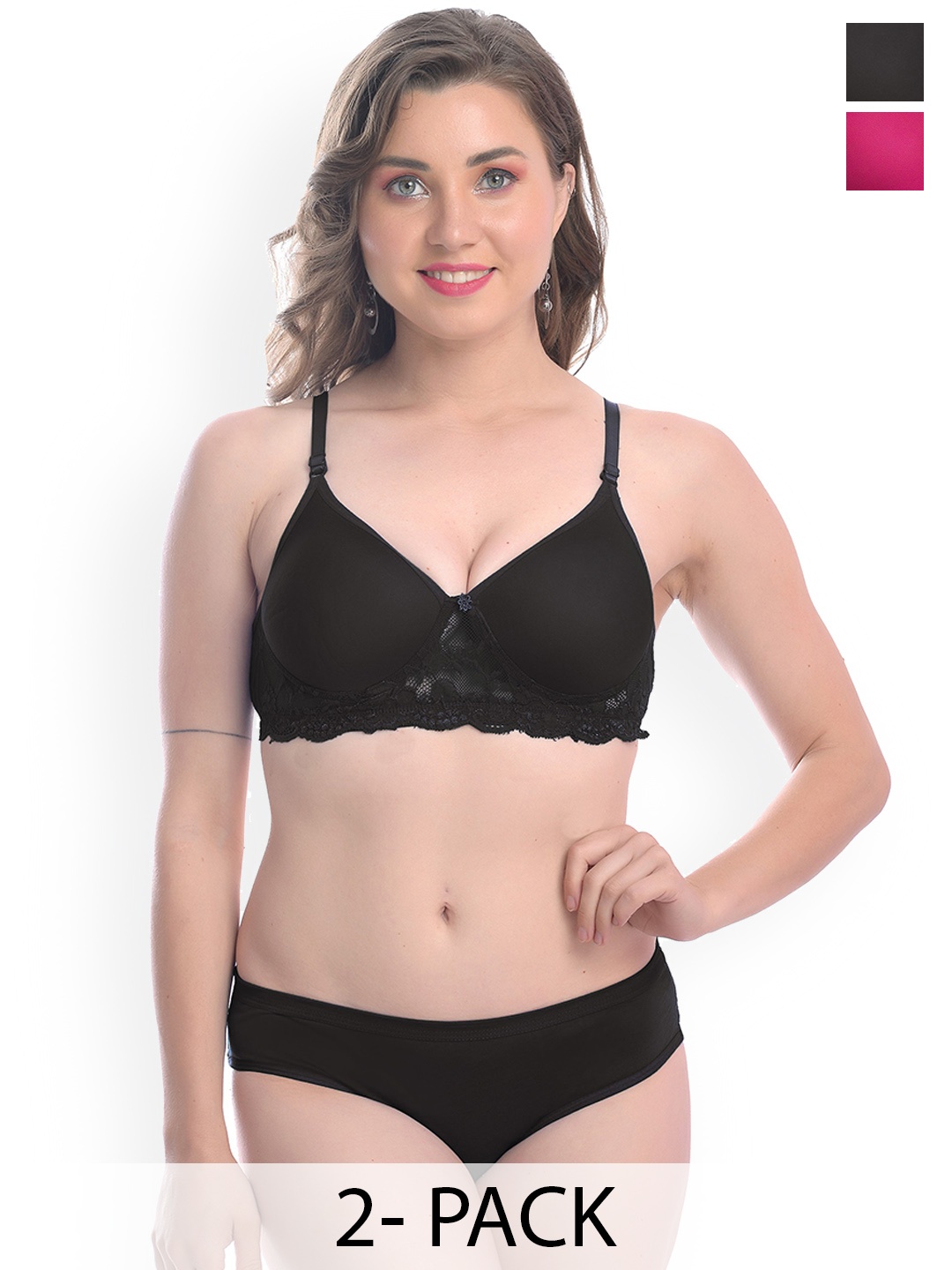 

Aamarsh Pack Of 2 Self Design Cotton Lingerie Set, Black