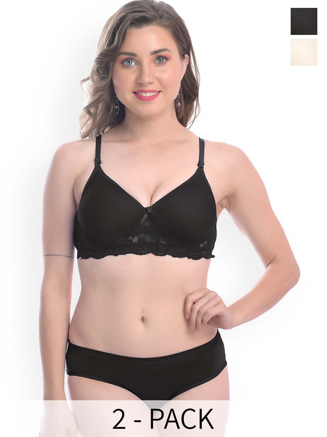 In-Curve Lace Detail Cotton Breathable Lingerie Set, Black