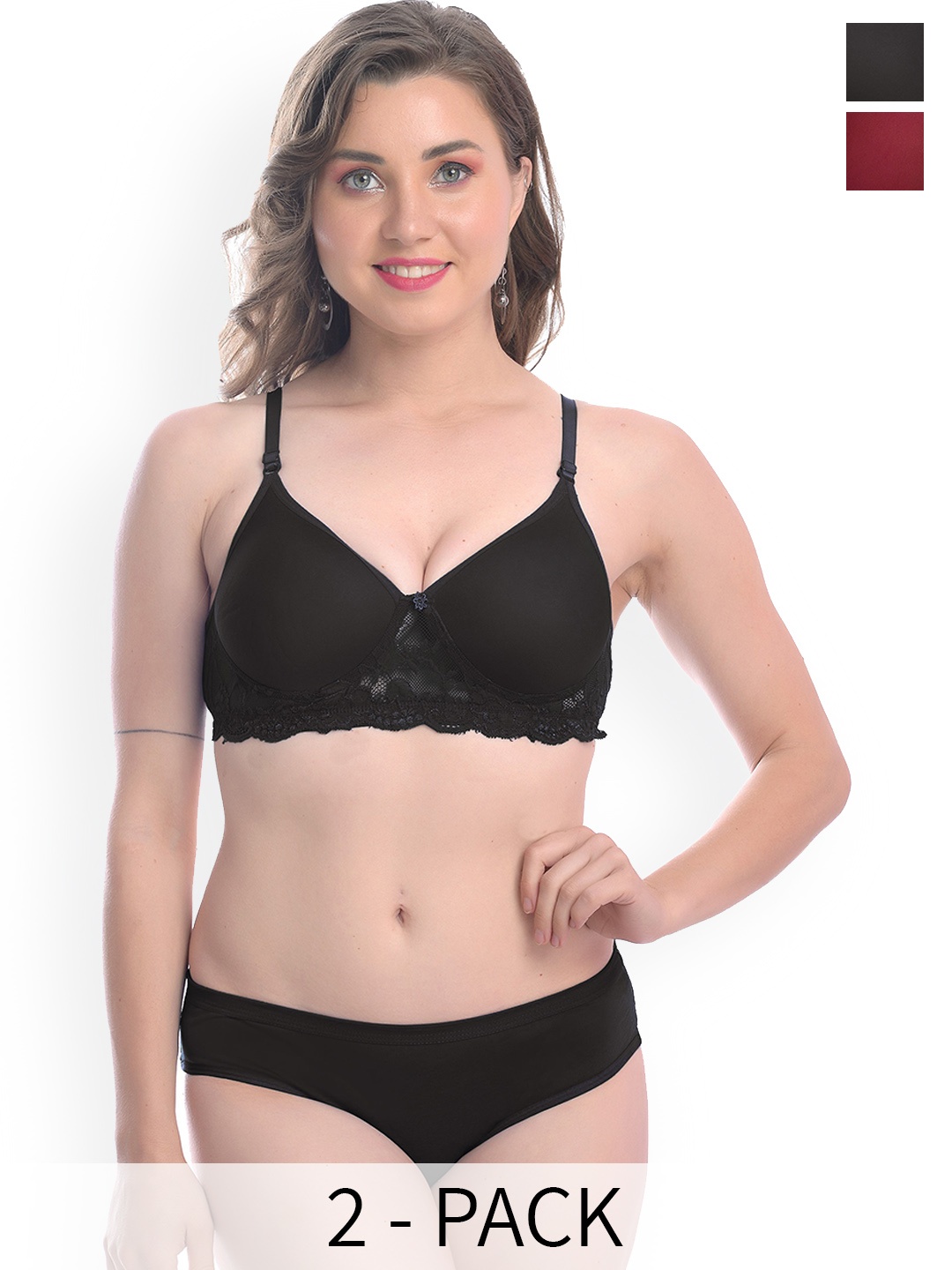 

In-Curve Pack Of 2 Cotton Bra Panty Lingerie Set, Black