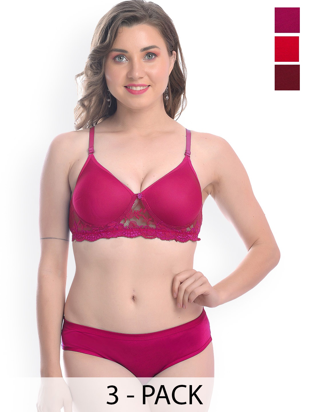 

In-Curve Pack Of 3 Cotton Breathable Bra Panty Lingerie Sets, Red