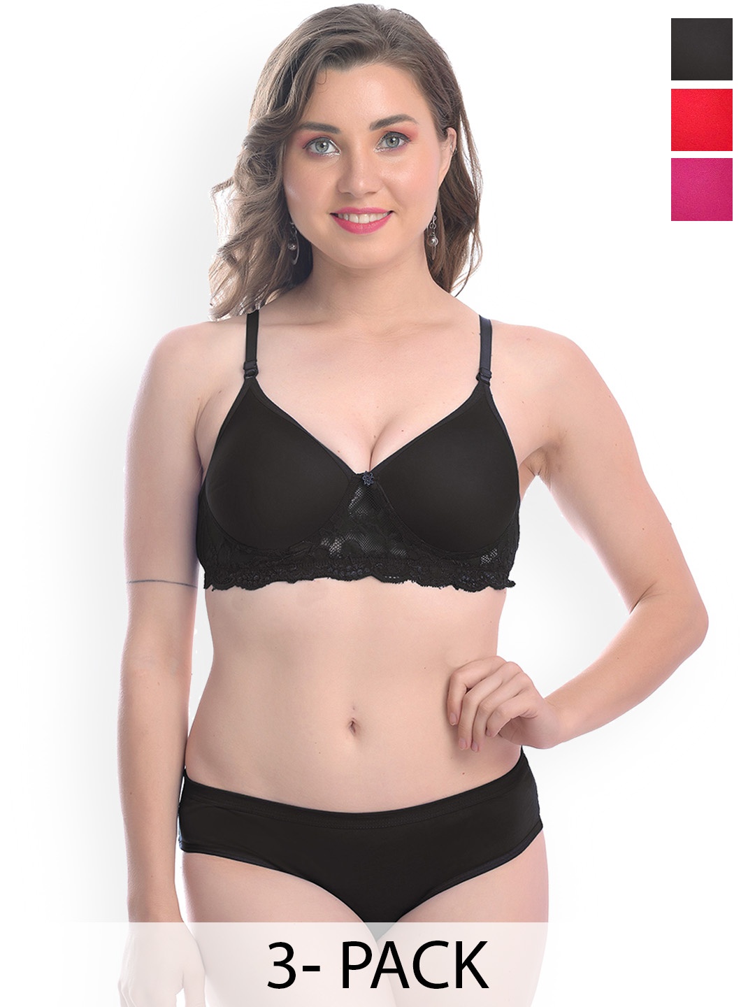 

In-Curve Pack Of 3 Lightly-Padded Breathable Lingerie Set, Red