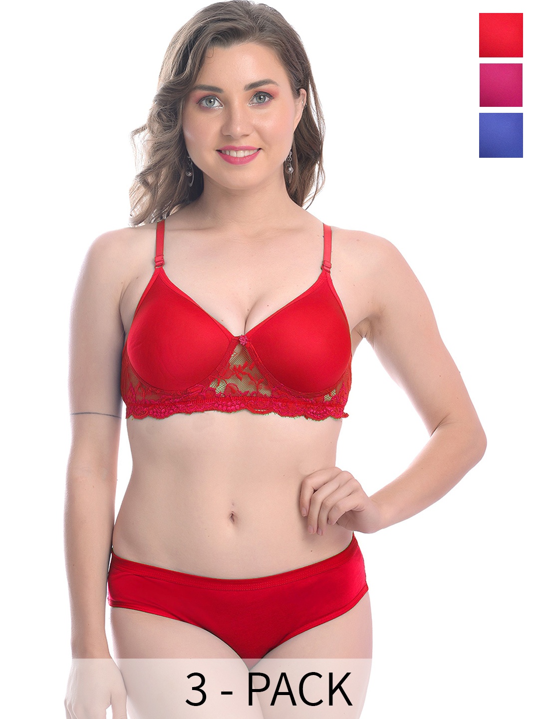 In-Curve Pack Of 3 Self-Designed Lace Lingerie, Red