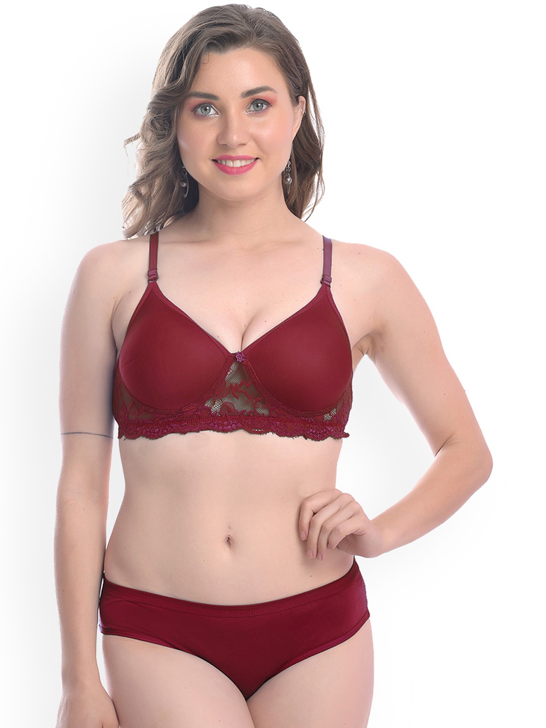 In-Curve Mid-Rise Cotton Breathable Bra & Panty Lingerie Set, Maroon