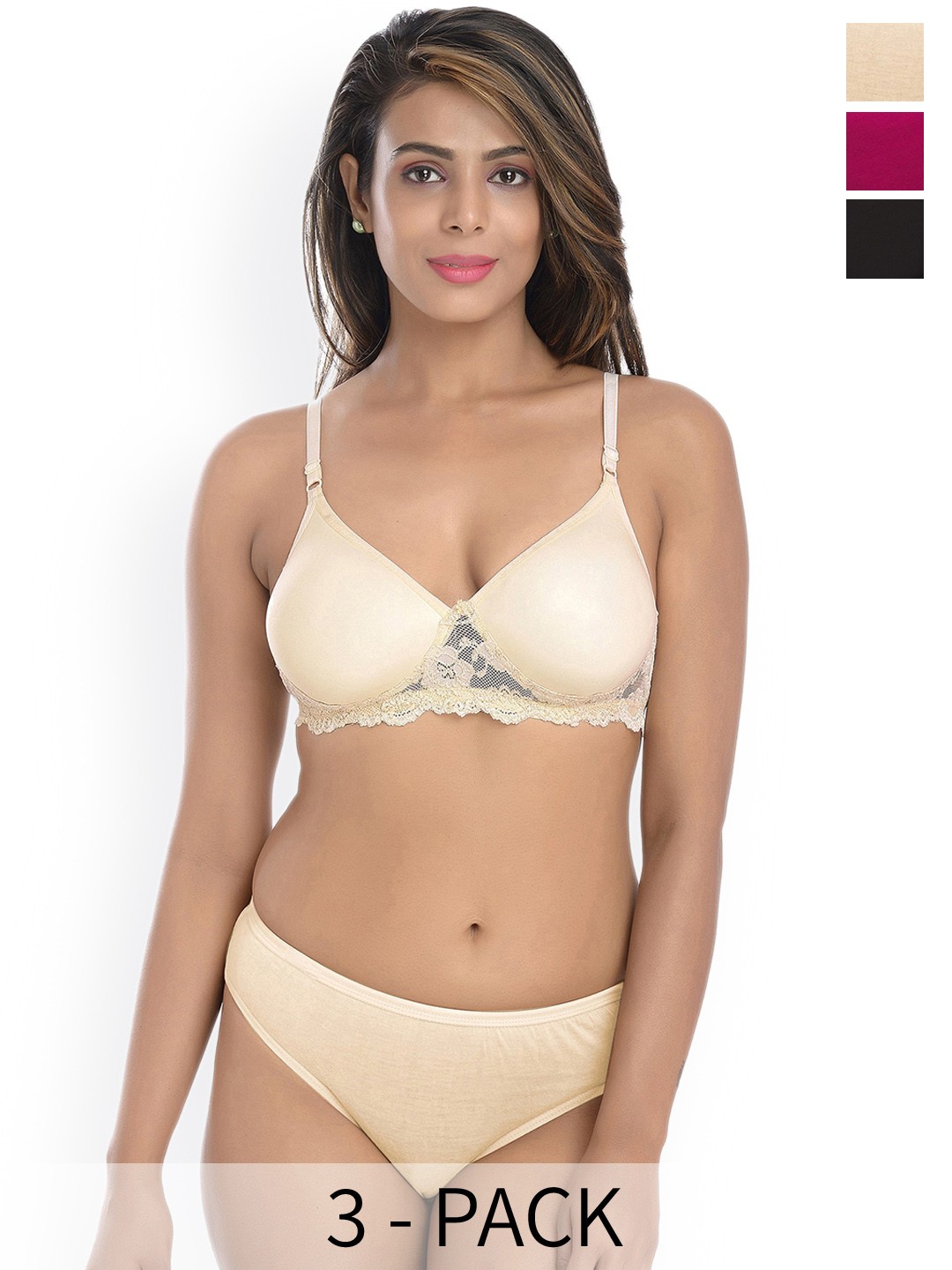 

In-Curve Pack Of 3 Self-Designed Lace Lingerie Set, Pink