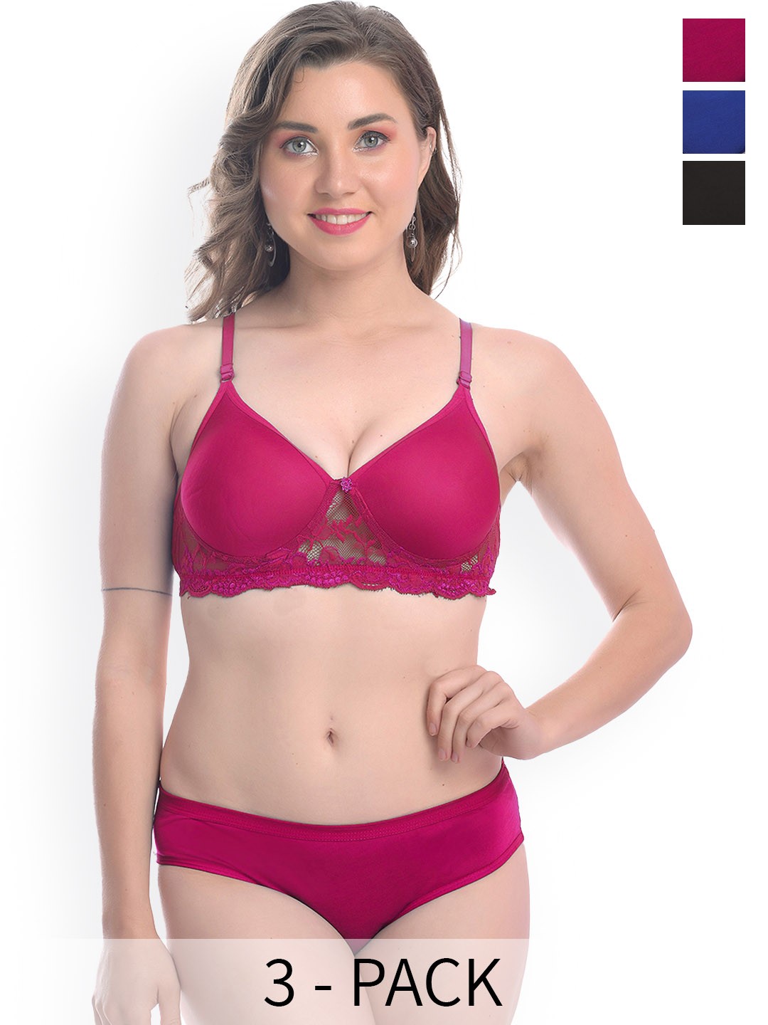 

In-Curve Pack Of 3 Cotton Bra Panty Lingerie Set, Pink