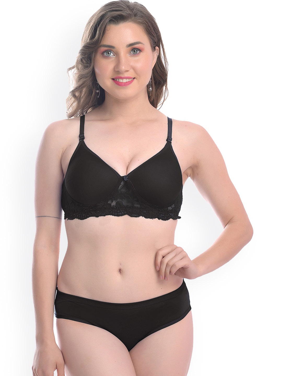

In-Curve Lace Self Design Cotton Breathable Lingerie Set, Black