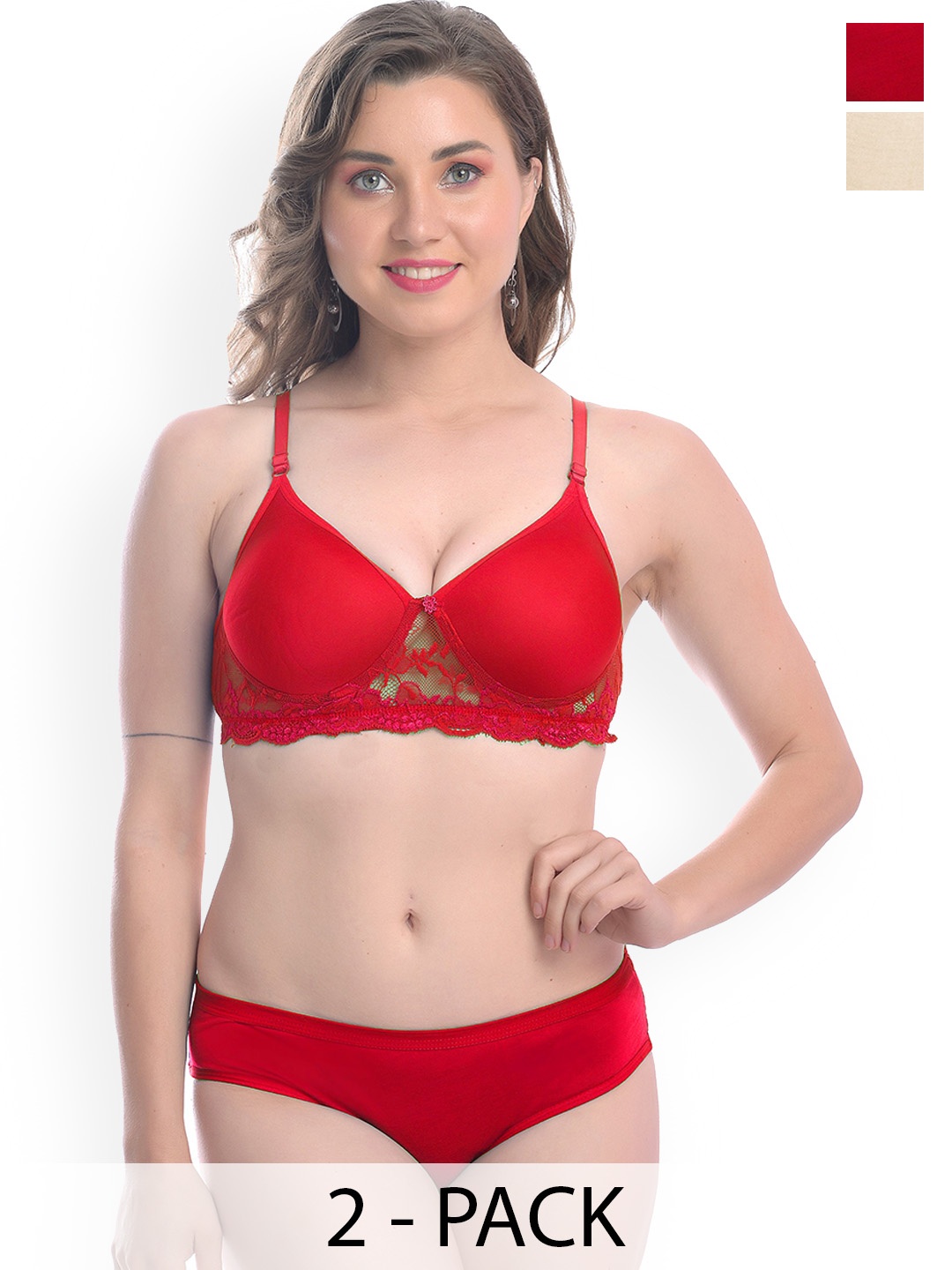 

In-Curve Pack Of 2 Mid-Rise Cotton Breathable Bra & Panty Lingerie Set, Red