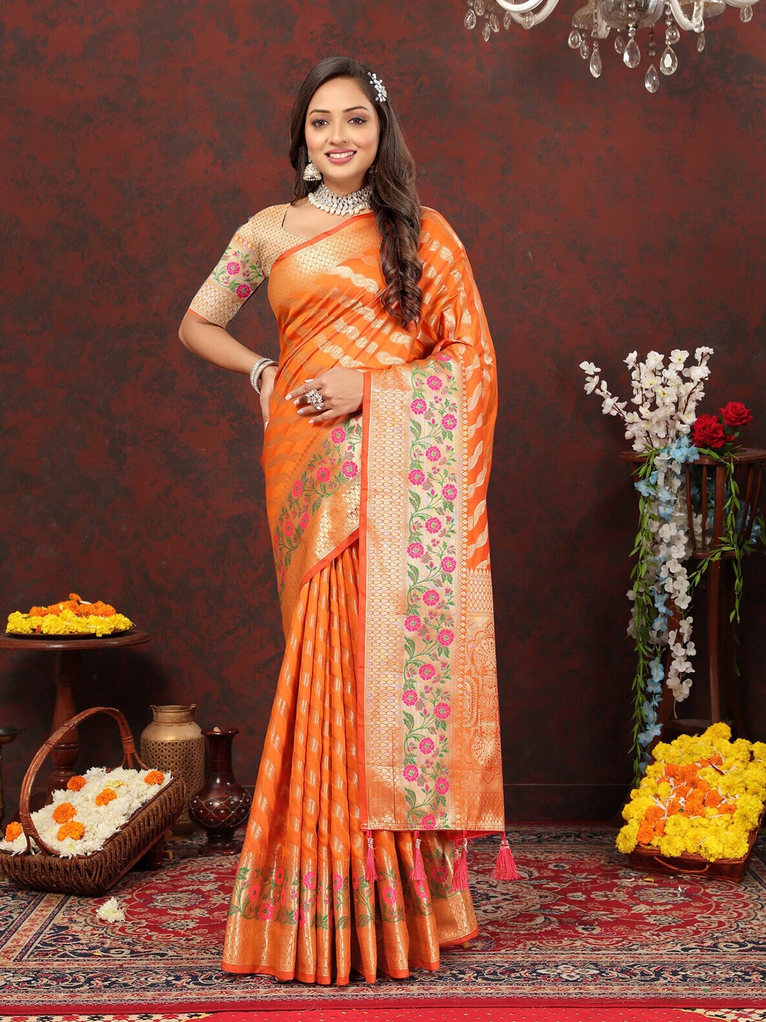 

CATCHY FOREVER Floral Woven Design Zari Banarasi Saree, Orange