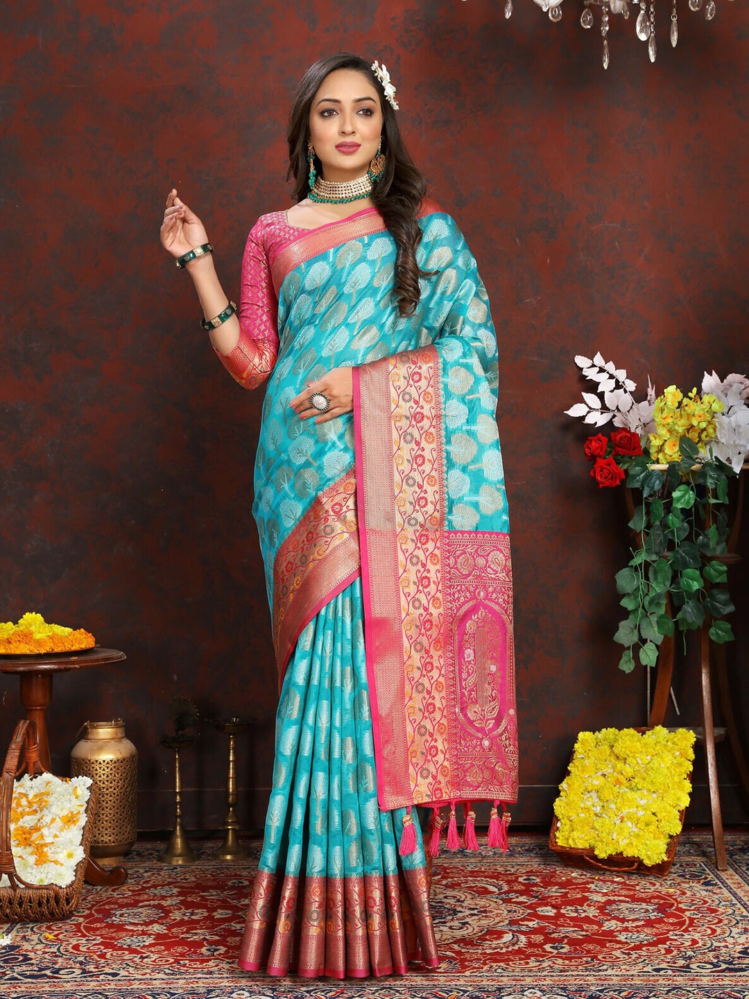 

CATCHY FOREVER Ethnic Woven Design Zari Organza Banarasi Saree, Turquoise blue