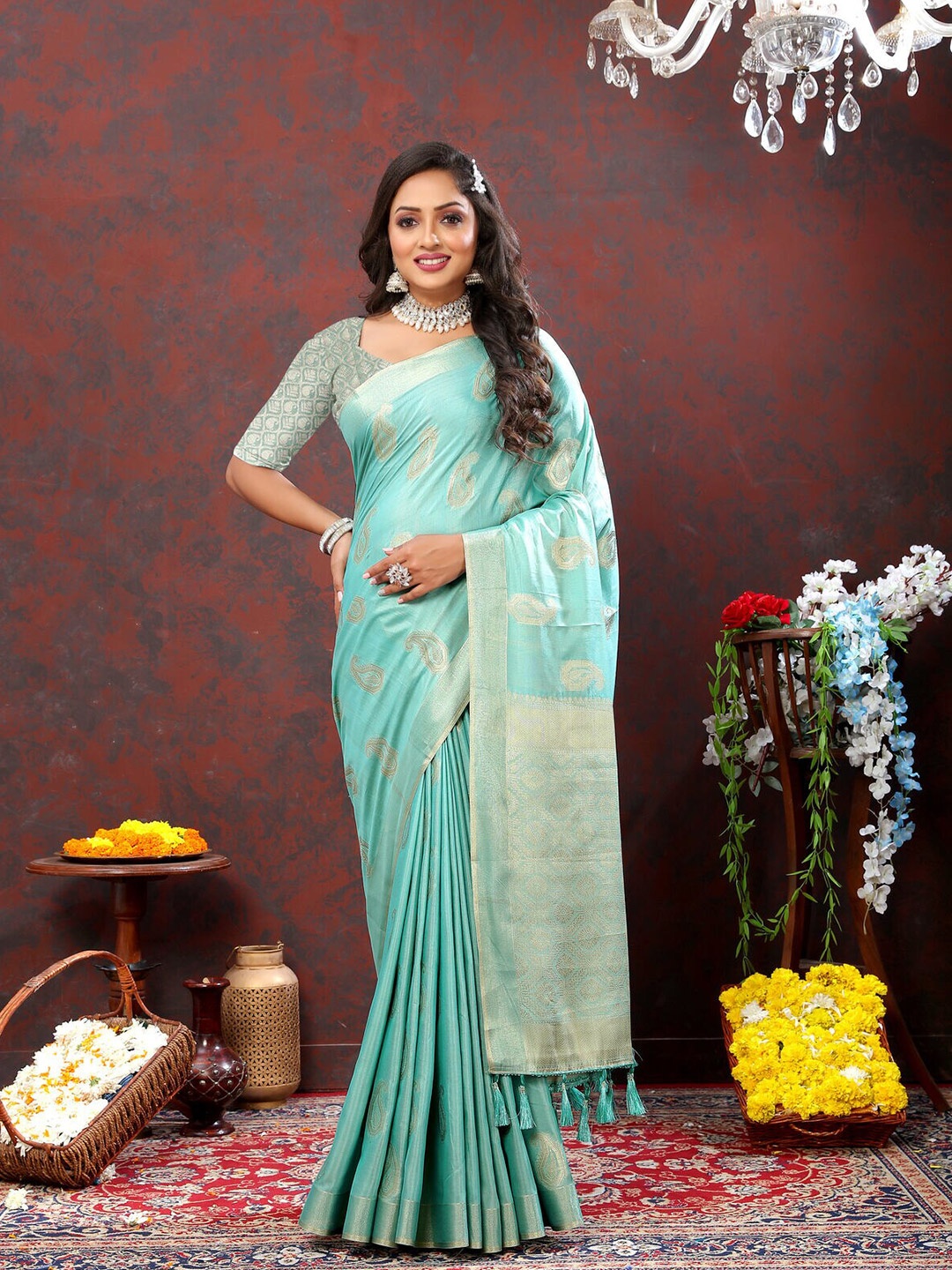 

CATCHY FOREVER Ethnic Motifs Woven Design Zari Silk Cotton Banarasi Saree, Blue