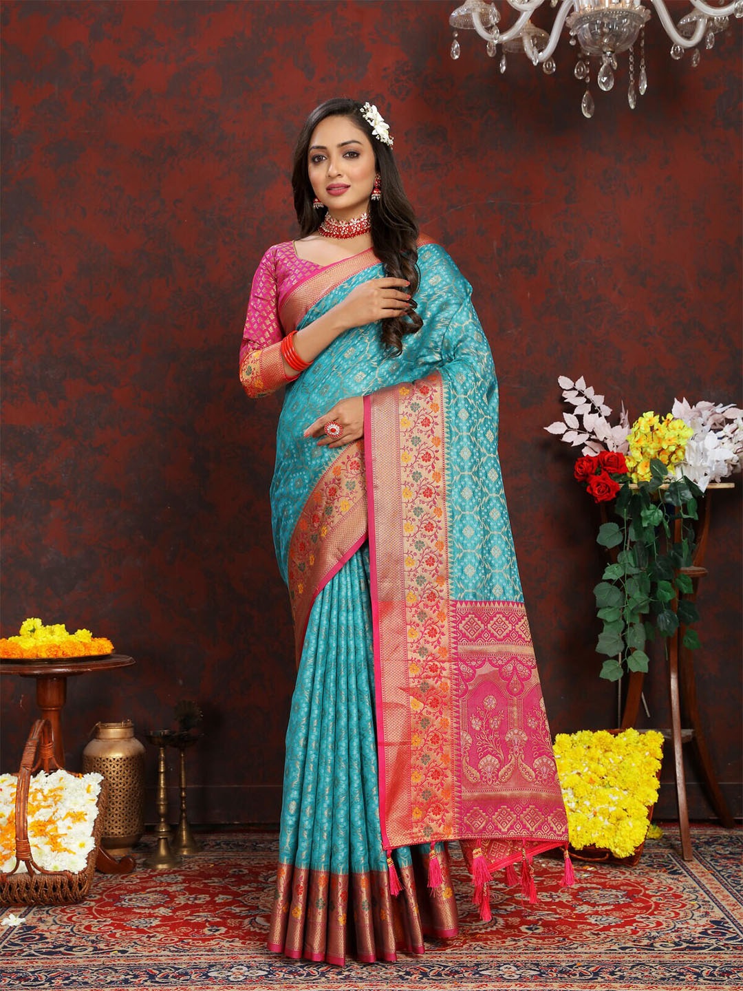 

CATCHY FOREVER Ethnic Motifs Woven Design Zari Organza Banarasi Saree, Blue