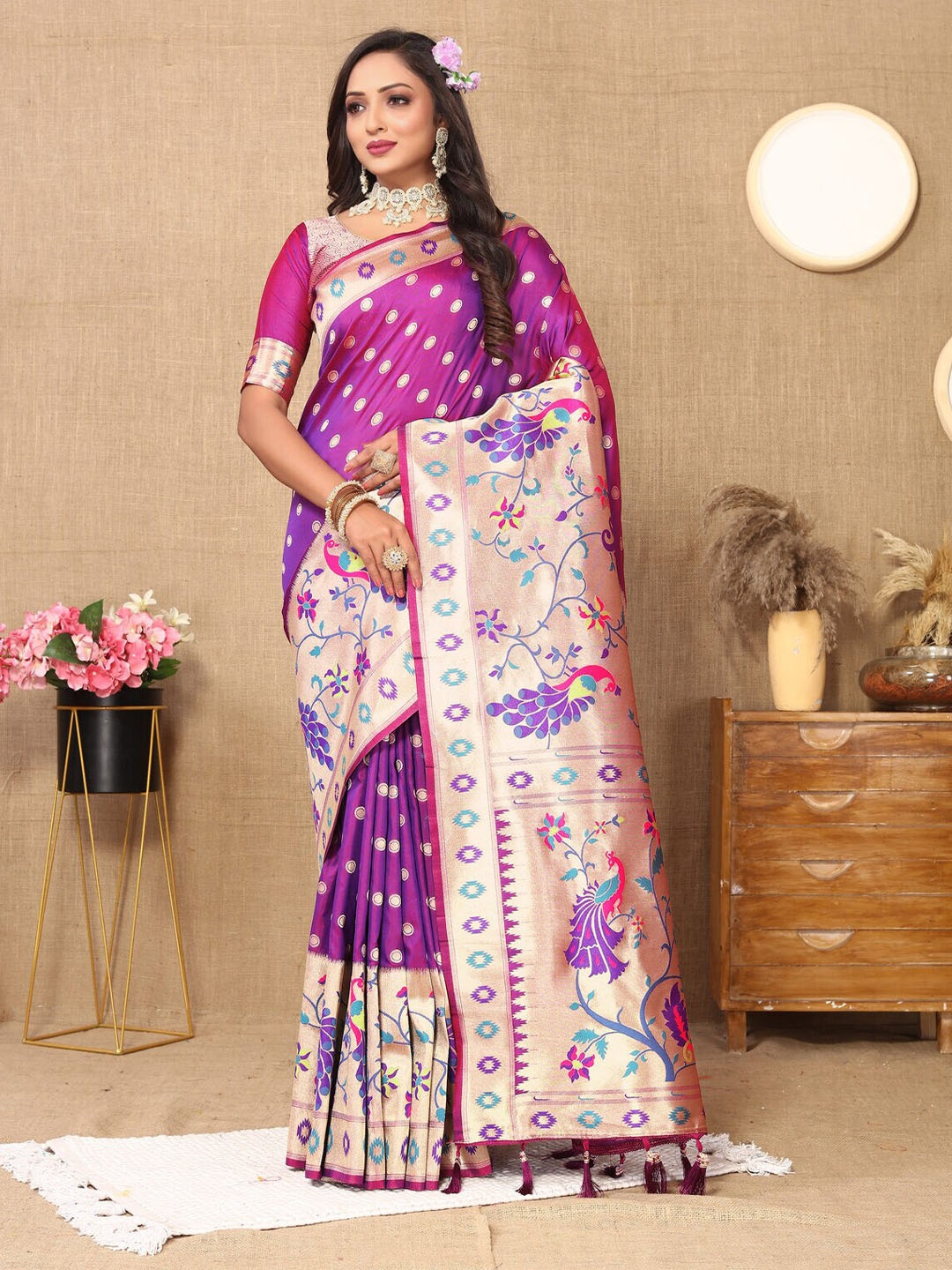 

CATCHY FOREVER Ethnic Motifs Woven Design Zari Paithani Saree, Purple