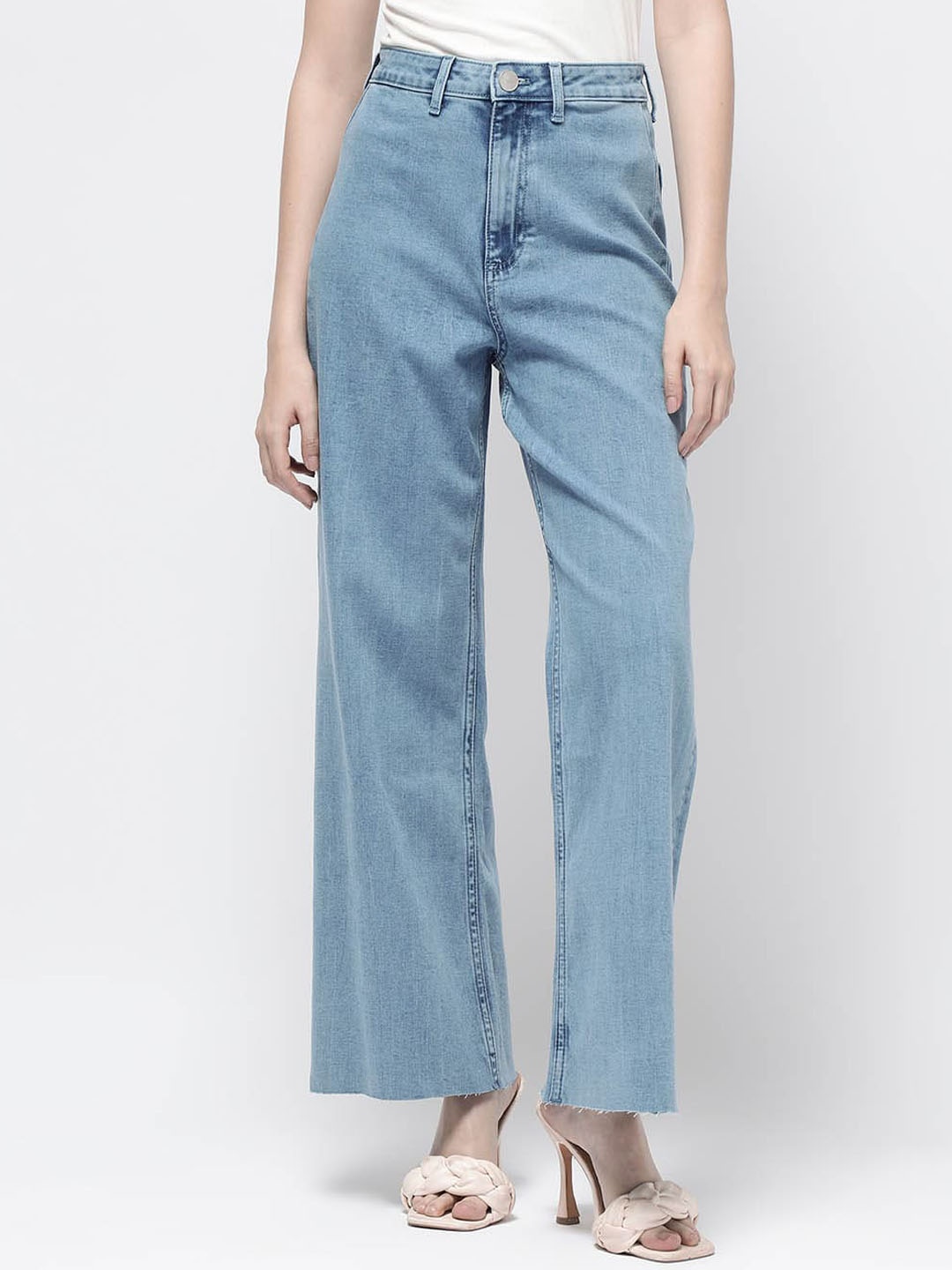 

RAREISM Women Comfort Wide Leg High-Rise Clean Look Cotton Jeans, Blue