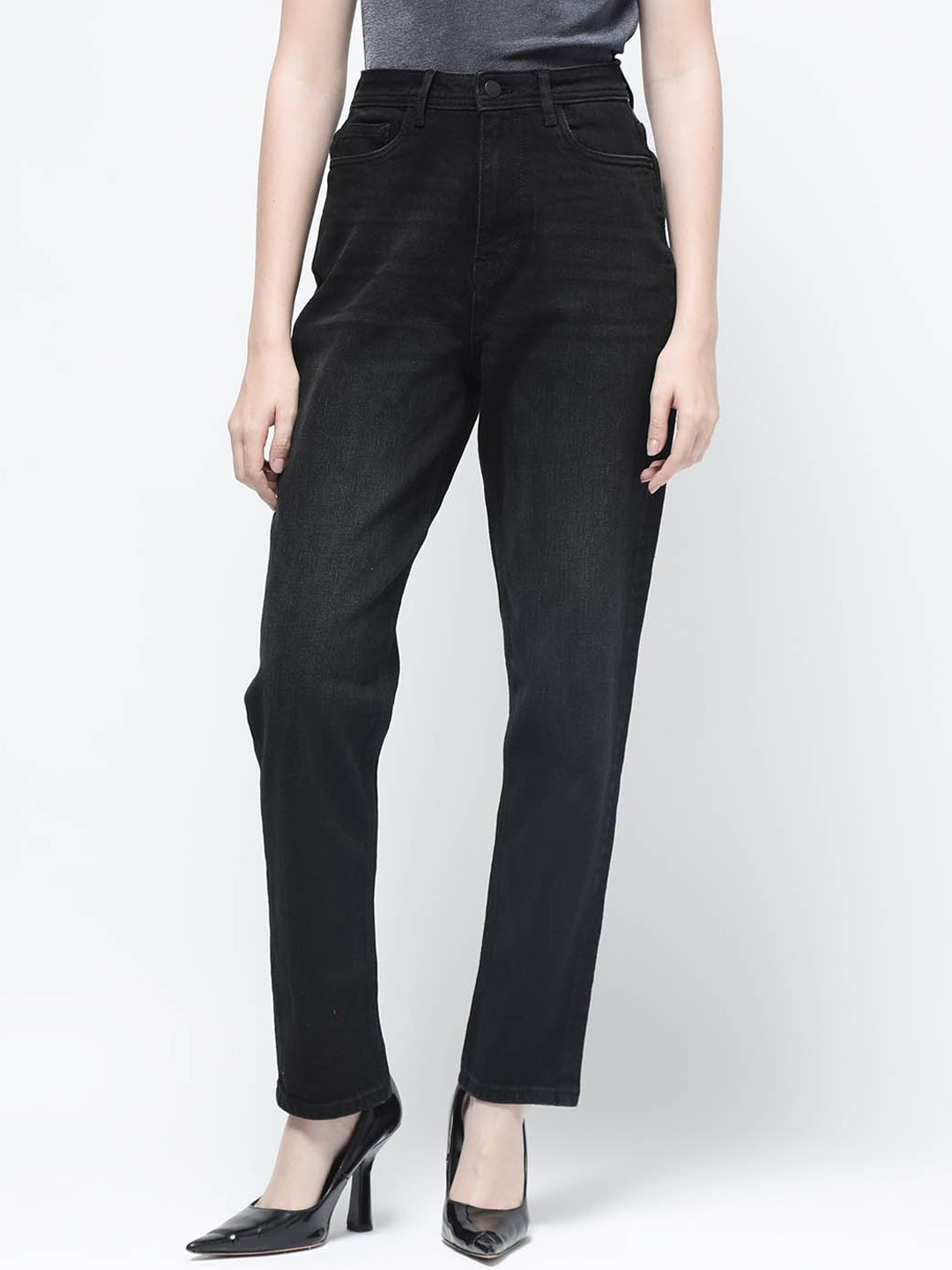 

RAREISM Women Comfort High-Rise Clean Look Cotton Jeans, Black