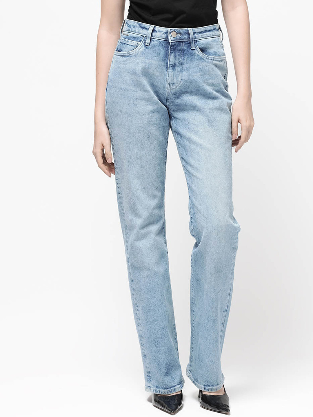 

RAREISM Women Comfort Straight Fit High-Rise Clean Look Heavy Fade Cotton Jeans, Blue