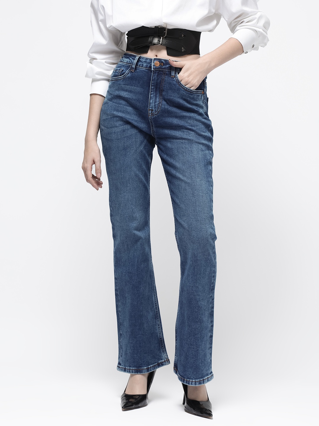 

RAREISM Women Comfort Bootcut High-Rise Light Fade Stretchable Jeans, Blue