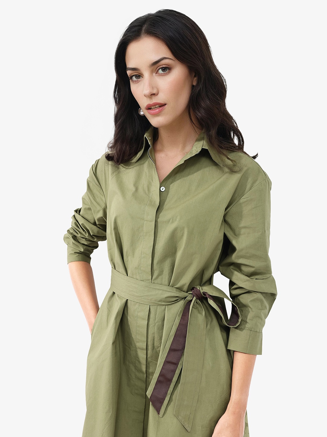 

RAREISM Shirt Collar Long Cuffed Sleeves Shirt Dress, Green