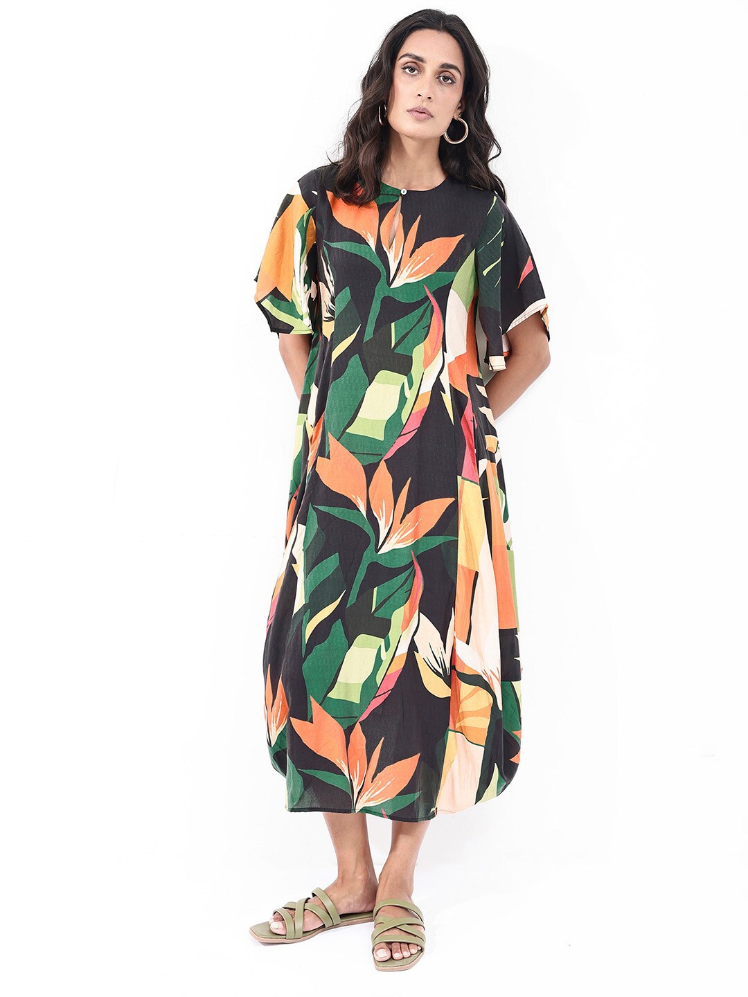 

RAREISM Keyhole Neck Print Kaftan Midi Dress, Black