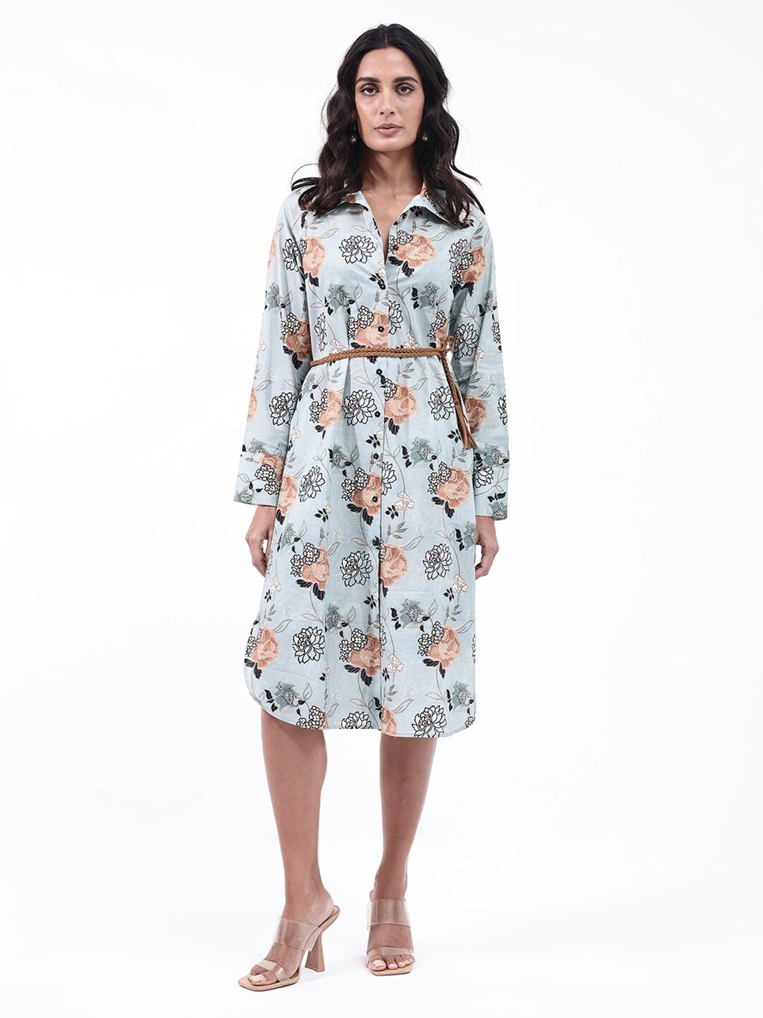 

RAREISM Floral Printed Shirt Collar A-Line Dress, Green