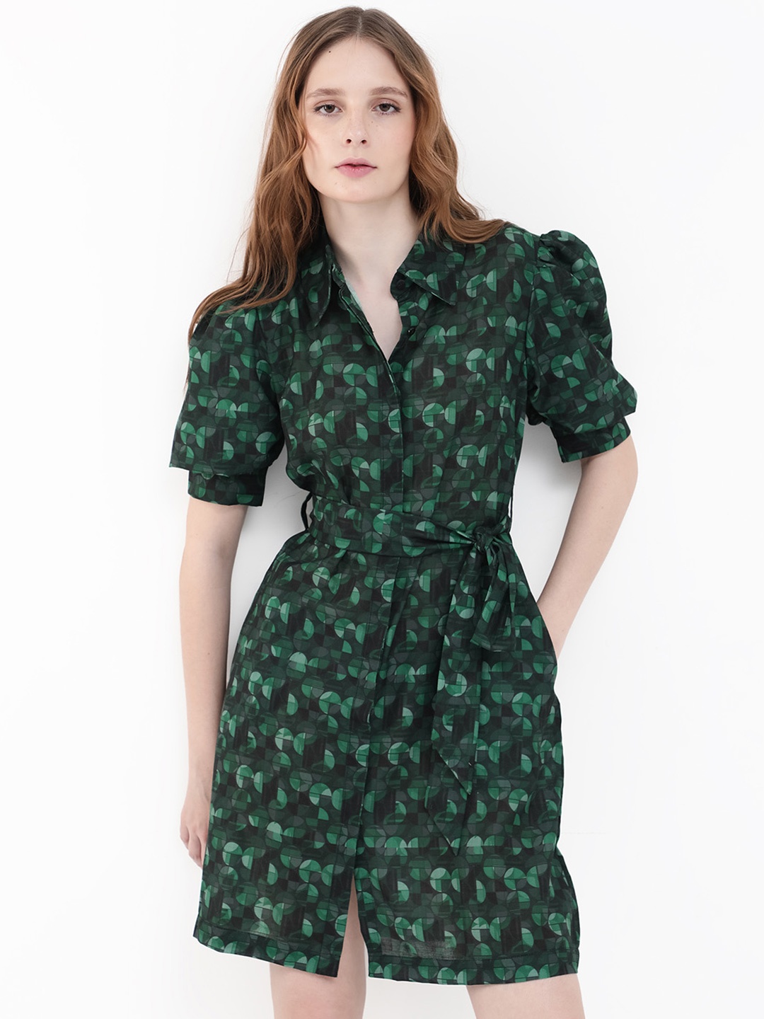 

RAREISM Shirt Collar Floral Print Linen Shirt Dress, Green