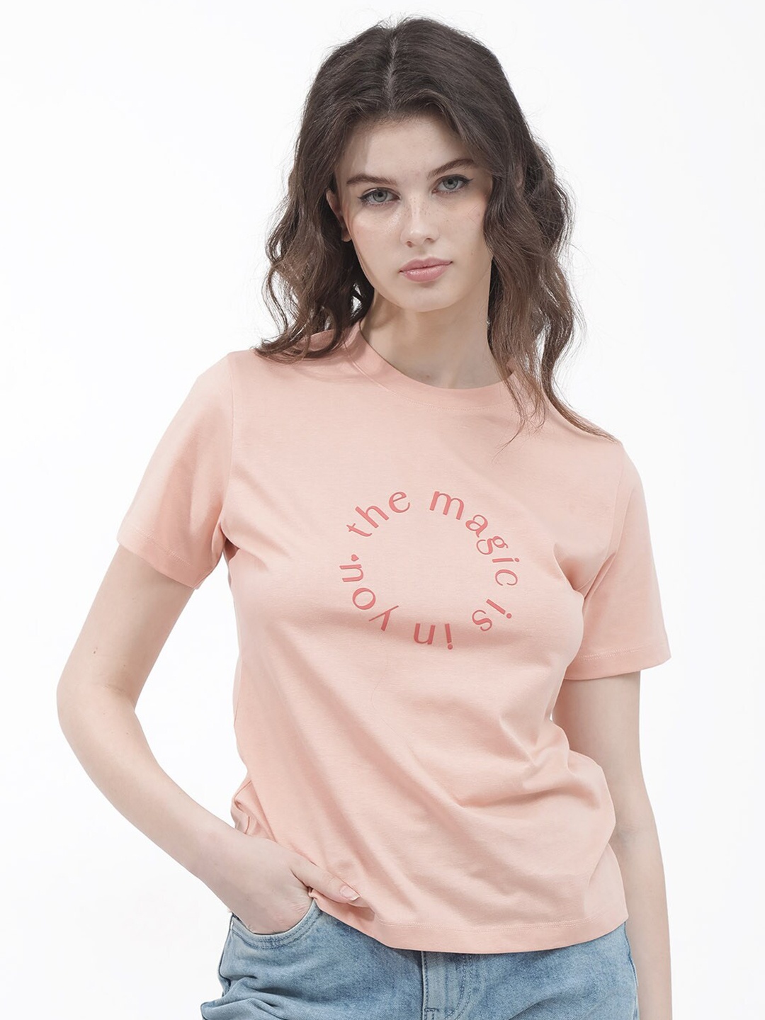 

RAREISM Typography Printed Cotton T-shirt, Peach