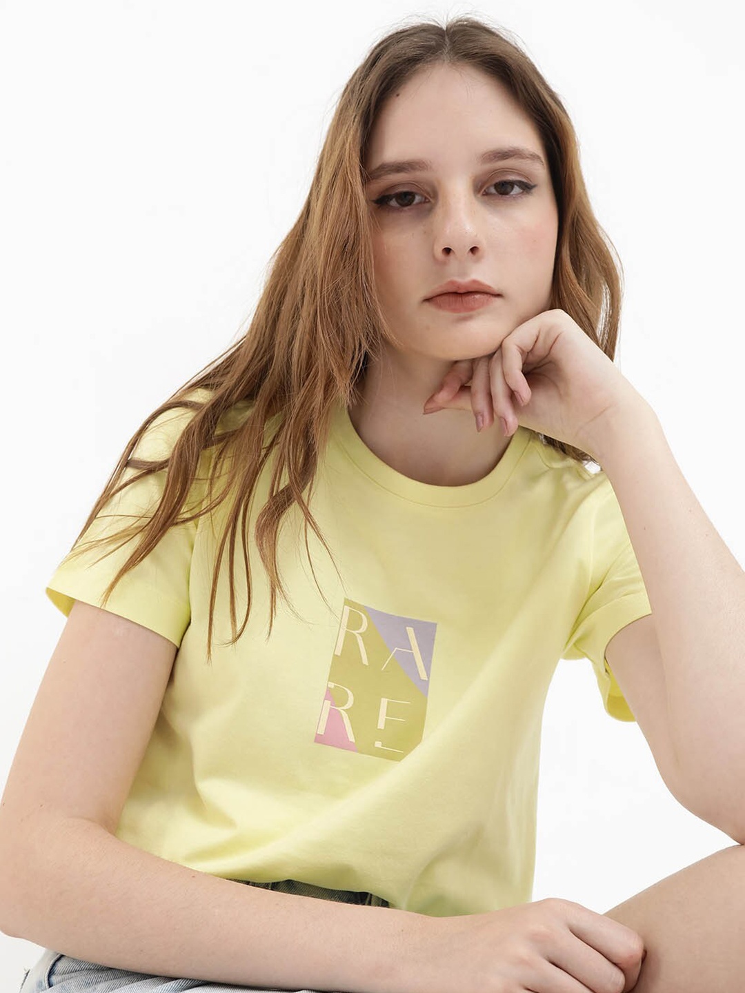 

RAREISM Round Neck Cotton T-shirt, Yellow