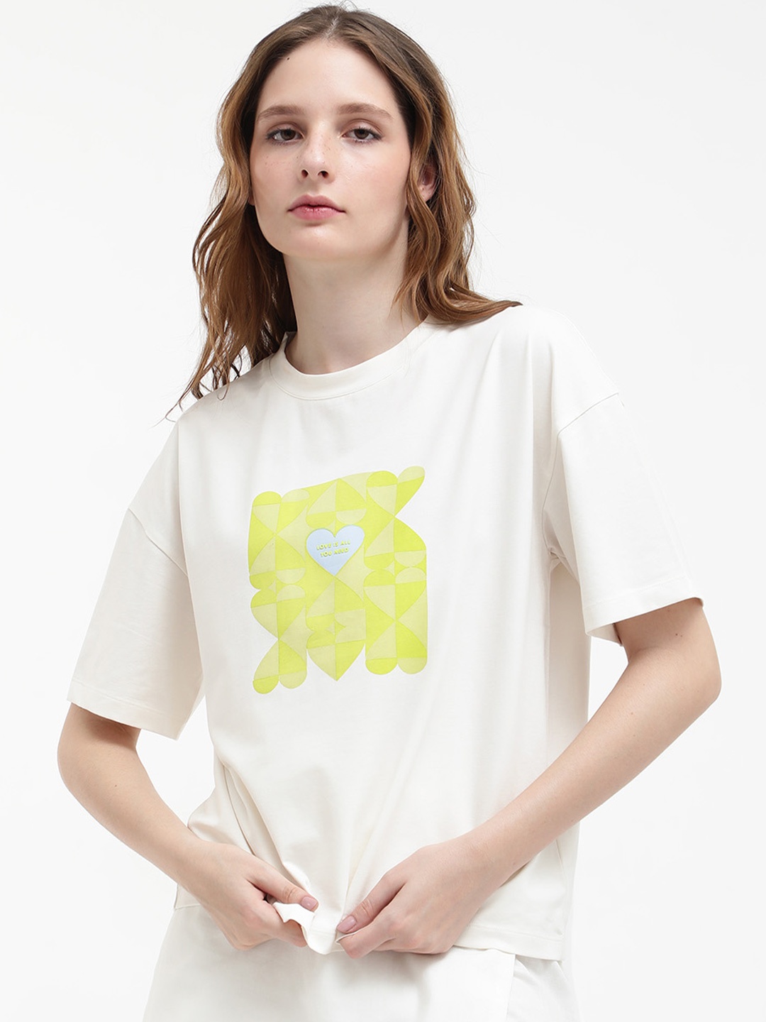 

RAREISM Graphic Printed Drop-Shoulder Sleeves Boxy T-shirt, Off white