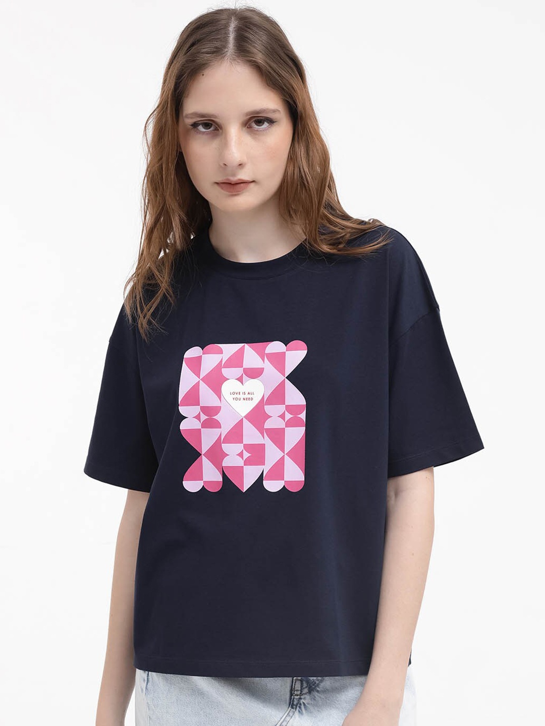 

RAREISM Boxy Graphic Printed Cotton T-shirt, Navy blue