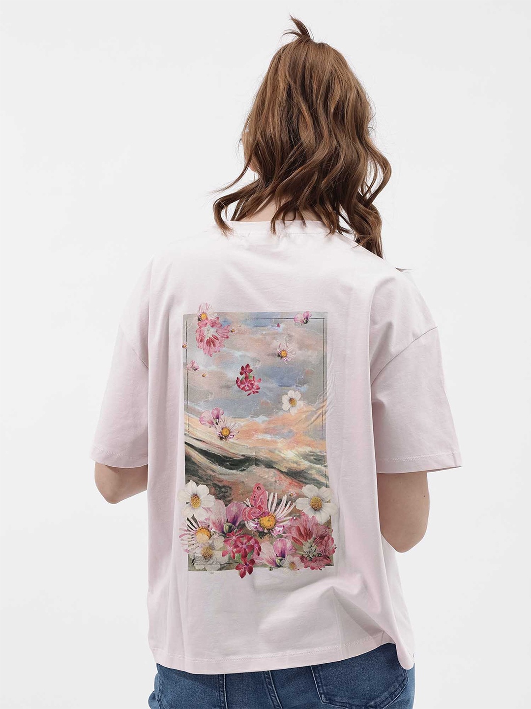 

RAREISM Boxy Graphic Printed Drop-Shoulder Sleeves Cotton T-shirt, Pink