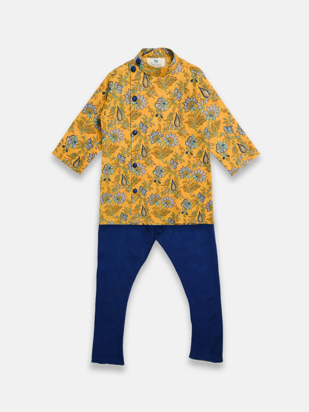 

Cute Couture Boys Floral Printed Angrakha Kurta With Pyjamas, Yellow