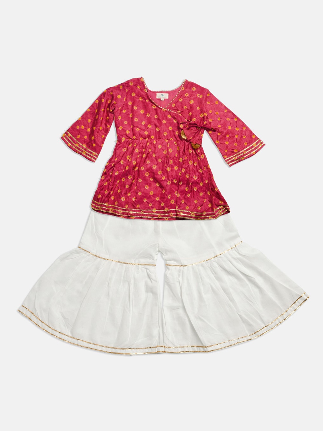

Cute Couture Girls Bandhani Printed Regular Kurta with Sharara, Pink